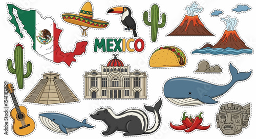 Colorful Mexico themed sticker set featuring landmarks, animals, food, and culture