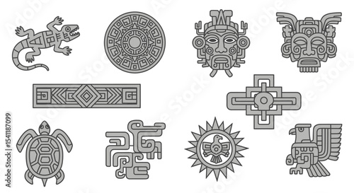 Ancient Aztec and Mayan Glyphs: Lizard, Sun Stone, Mask, Eagle, Turtle, and Geometric Patterns