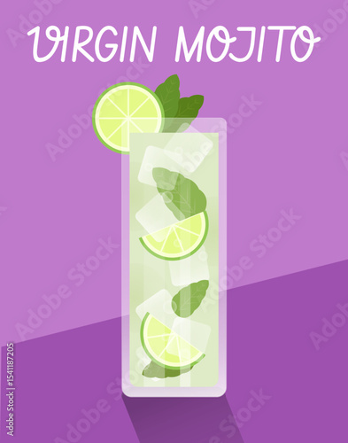 Vector illustration of Virgin Mojito with fresh mint and lime on a purple background. A cool, alcohol-free drink perfect for summer and wellness themes.