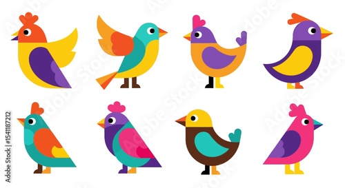 Collection of Eight Geometric Birds in Vibrant Colors