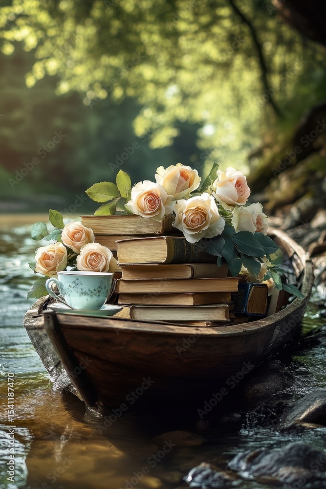 Obraz premium Wooden boat with stack of books, roses and tea cup floating on calm forest stream in peaceful morning light