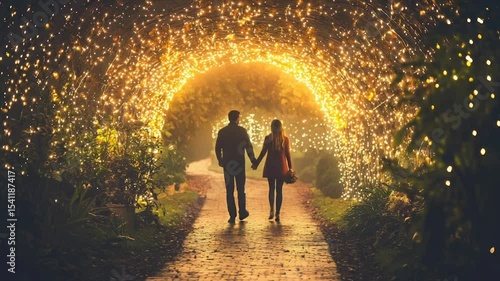Couple holding hands, walking through magical illuminated archway