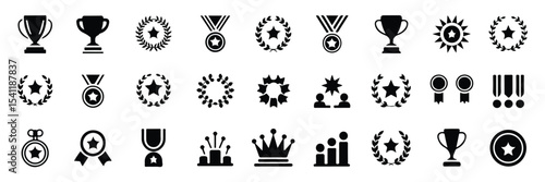 Collection of black and white achievement icons including trophies medals and laurel wreaths in rows