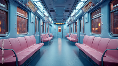 Empty subway car interior with pink seats and blue walls in soft lighting