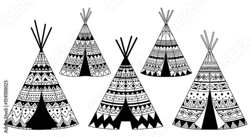 Ornate Black and White Teepees with Geometric Patterns