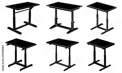 Isometric view of six black adjustable height tables on white background in a graphic illustration