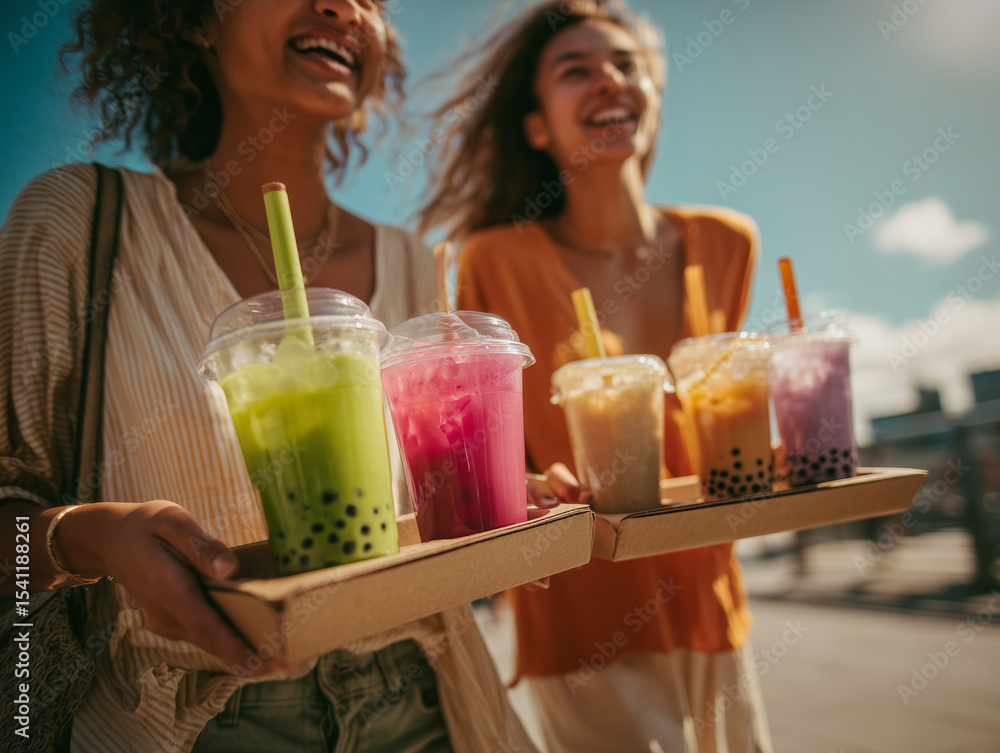Fototapeta premium two young women walking outdoors on a sunny summer day, both holding two cardboard drink trays filled with colorful bubble teas