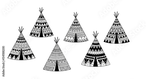 Stylized Teepees with Geometric Patterns in Black and White Illustration