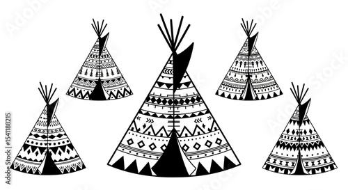 Stylized Teepees with Intricate Geometric Patterns in Black and White