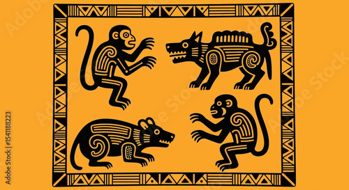 Stylized Tribal Animals in Geometric Frame: Monkeys, Wolf, Rodent