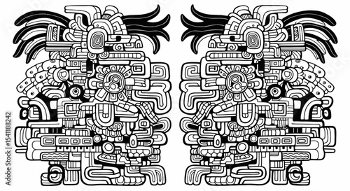 Symmetrical Aztec-inspired Illustration Featuring Intricate Geometric Designs