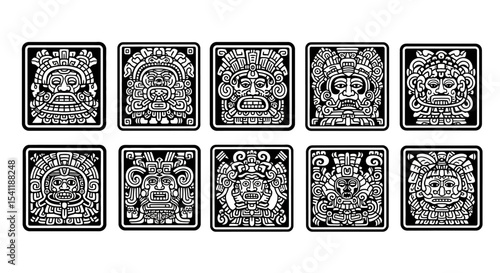 Ten Black and White Mayan Glyphs with Intricate Facial Details and Square Borders