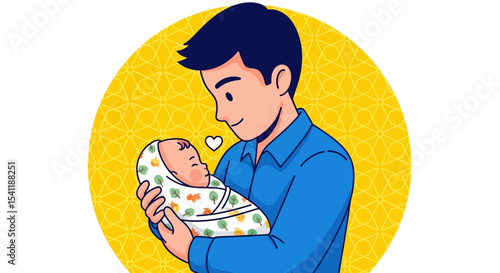 Tender Fatherhood: A Cartoon Illustration of a Man Gently Holding His Newborn Baby