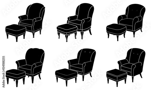 Silhouette illustrations of six armchairs with matching ottomans in a symmetrical arrangement