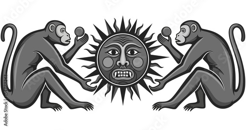 Two Monkeys Flanking a Fanged Sun Deity