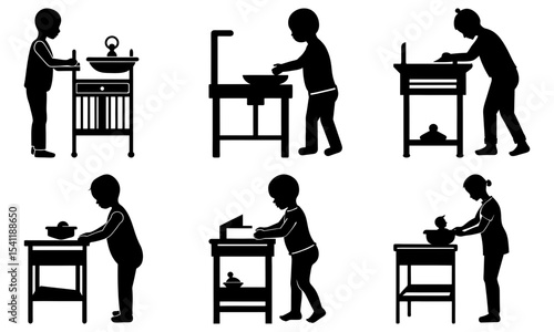 Silhouettes of children interacting with various washstands and tables in different poses and activities