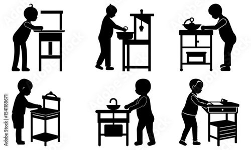 Silhouettes of children interacting with various furniture pieces in different scenarios shown in a row