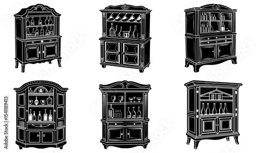 Collection of six vintage style cabinets displaying bottles and glassware in a black and white design
