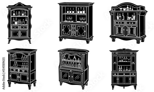 Collection of six vintage liquor cabinets filled with bottles and glassware in a vector illustration