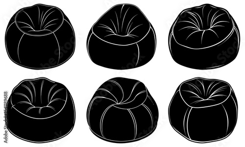 Illustration of six black beanbag chairs with white outlines in varying perspectives and orientations