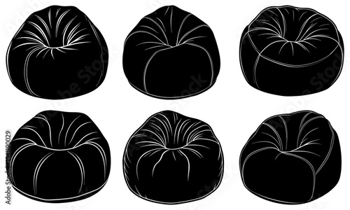 Illustration of six black beanbag chairs with white outlines arranged in two rows of three chairs
