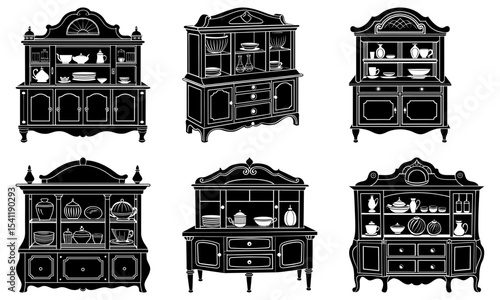 Collection of six antique china cabinets with various designs and storage compartments in black and white