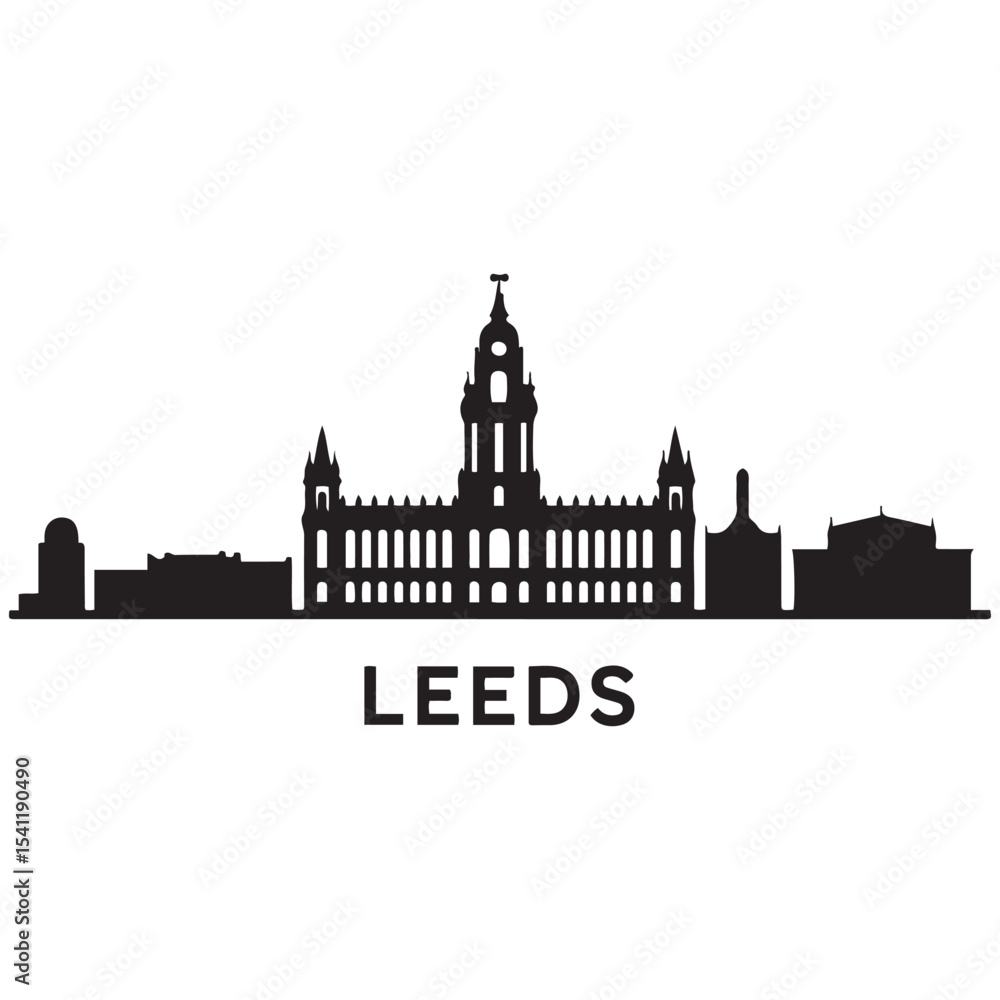Fototapeta premium Leeds skyline horizontal banner. Leeds, UK. Vector template for your design. Vector black silhouette. with white background