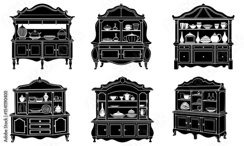 Silhouette illustration of six antique china cabinets with ornate details and various dishware displays