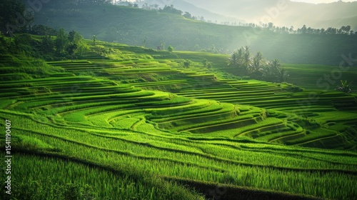 Lush green rice terraces cascading down hillside, a symphony of nature's artistry