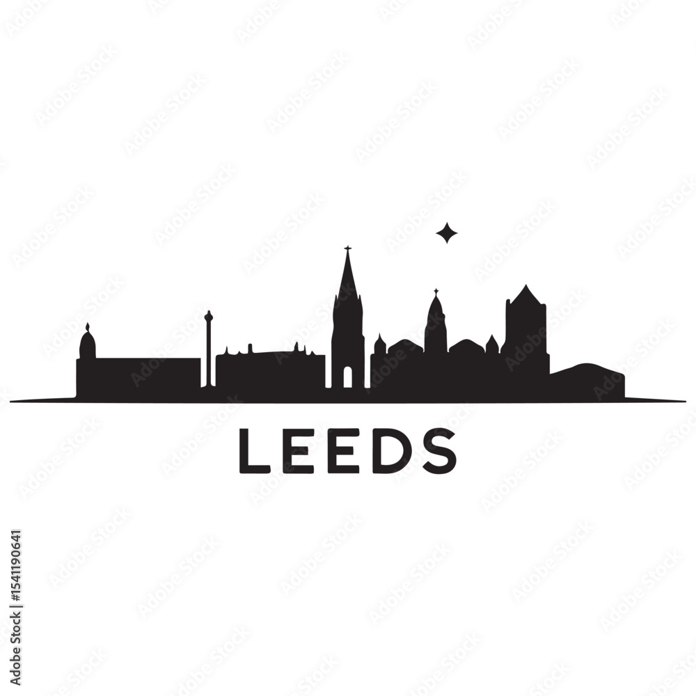 Naklejka premium Leeds skyline horizontal banner. Leeds, UK. Vector template for your design. Vector black silhouette. with white background