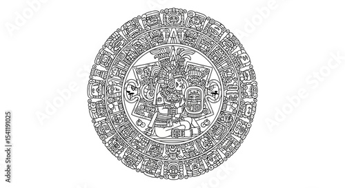 Intricate Mayan Calendar Stone Carving with Central Figure and Glyphic Border