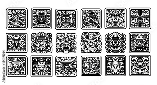 Intricate Mayan glyphs depicting stylized faces within square borders, rendered in bold black lines