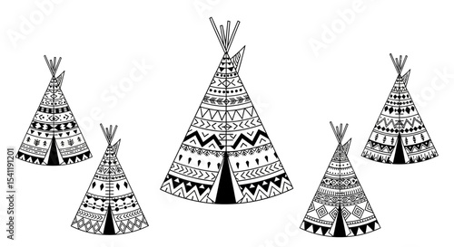 Detailed Black and White Teepees with Tribal Patterns and Designs