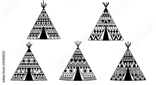 Five Ornate Teepees in Bold Black and White Design