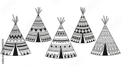 Group of Ornate Teepees with Intricate Tribal Patterns