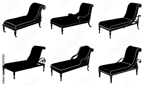Collection of six chaise lounges with varying designs in black and white silhouette format showing furniture