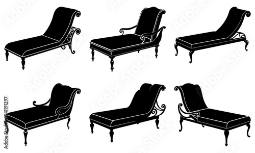 Collection of six chaise lounges in black silhouette with varying designs and ornate details present
