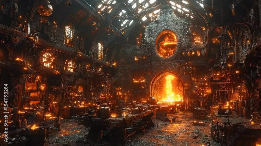 Fiery, ancient workshop filled with glowing artifacts Fiery, ancient workshop filled with glowing artifacts