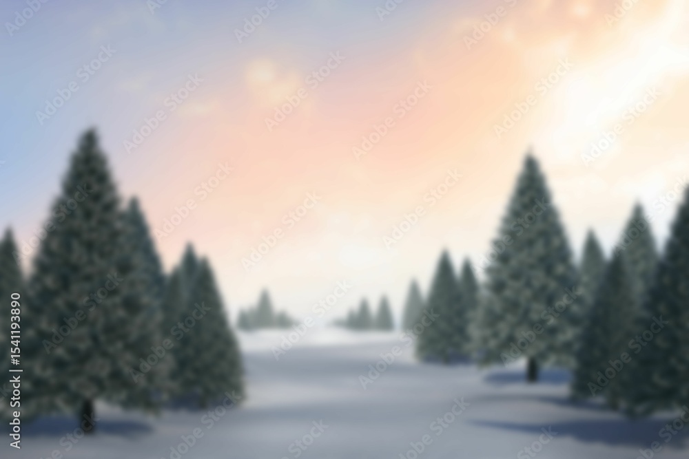 Obraz premium Evergreen trees standing on snow-covered ground in flat design, sky glowing pastel sunrise