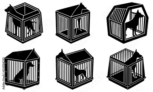Silhouetted dogs in various cages showcasing different cage designs and dog poses in black and white style