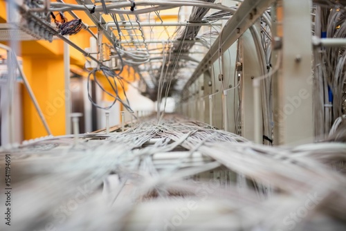 Canvas-taulu Network cables are routing through cable trays forming vanishing point corridor