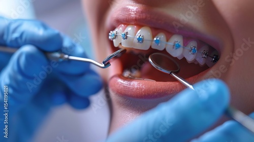 Close up of a dentist adjusting metal braces with precision tools showcasing orthodontic treatment sterile background