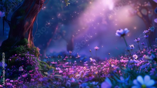 Magical Enchanted Forest with Glowing Flowers and Floating Sparkles at Twilight