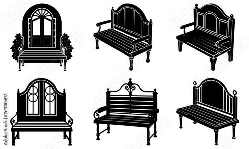 Silhouette illustration of six different styles of park benches with varying back designs and armrests