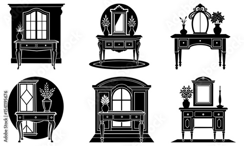Collection of elegant black and white console tables with mirrors and decorative vases silhouette art