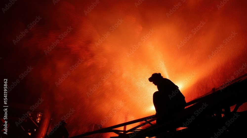 Fototapeta premium Industrial worker silhouetted by giant flare at night