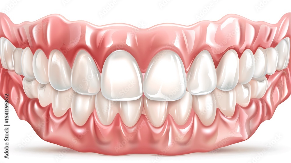 Obraz premium Close up of a denture set with pink gums and realistic white teeth isolated on a white background