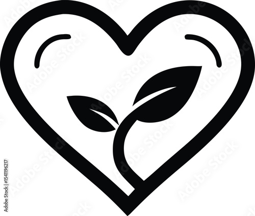 Elegant black silhouette design of a heart shape with a delicate leaf symbolizing wellness.
