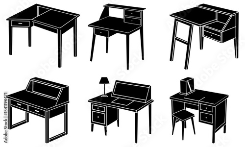 Illustration showcasing six distinct desk designs in black and white isometric perspective view style