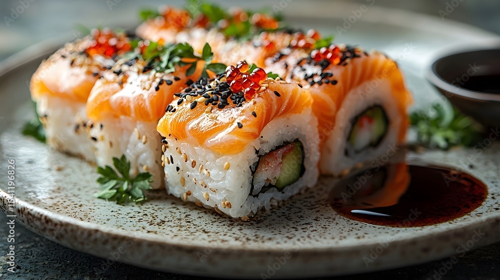 Artfully presented sushi platter with Japanese flavors Artfully presented sushi platter with Japanese flavors